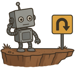 A robot stands at a cliff next to a turn-back sign